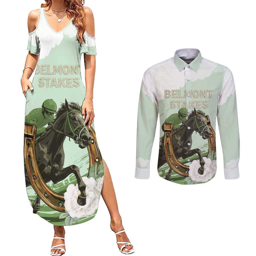 158th Anniversary Belmont Horse Racing Couples Matching Summer Maxi Dress and Long Sleeve Button Shirt Run for the Carnations