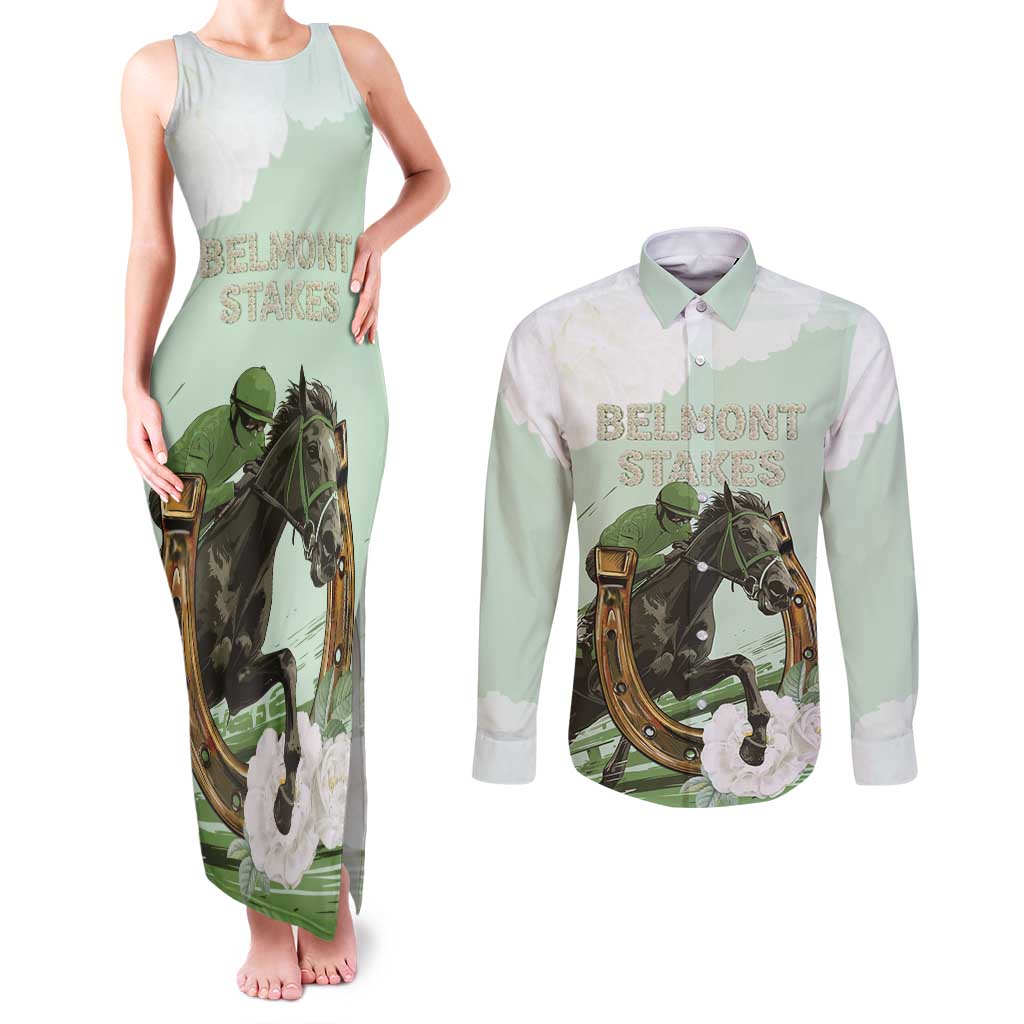158th Anniversary Belmont Horse Racing Couples Matching Tank Maxi Dress and Long Sleeve Button Shirt Run for the Carnations