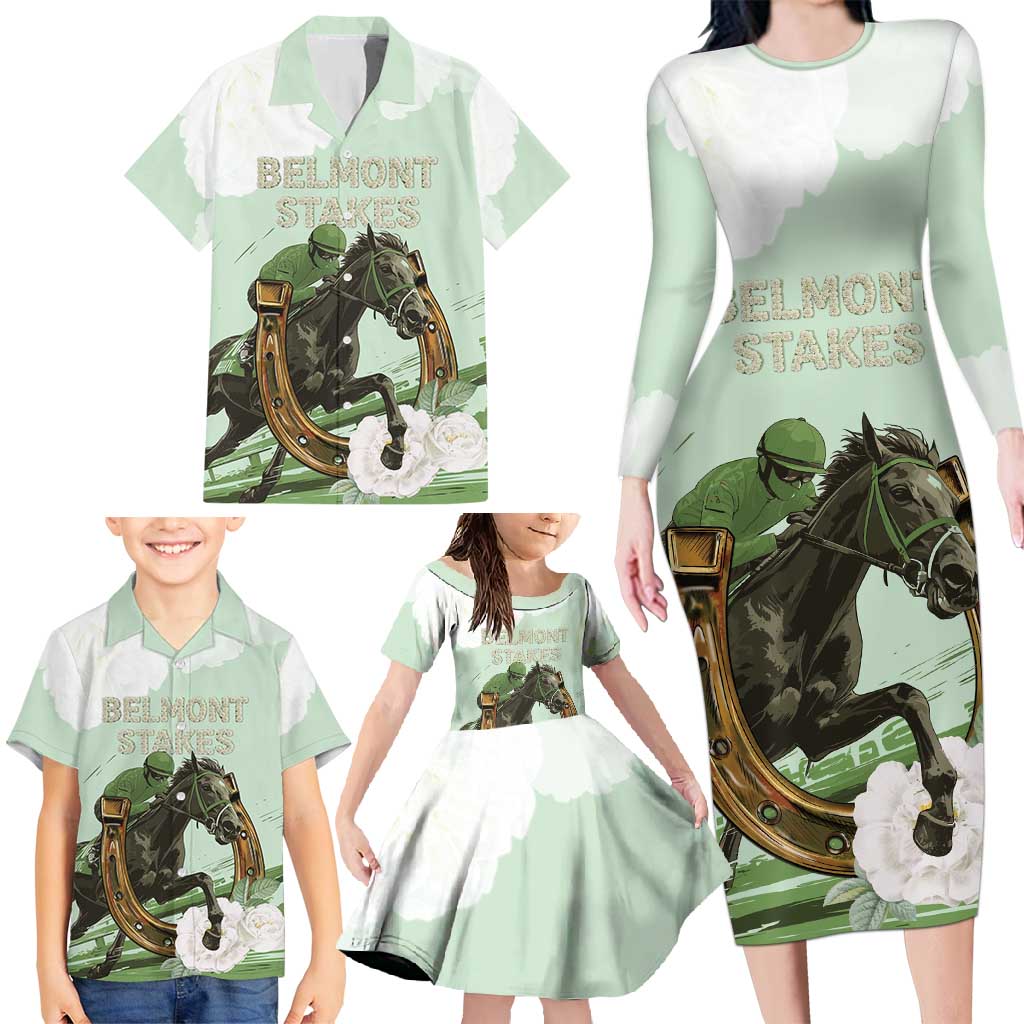 158th Anniversary Belmont Horse Racing Family Matching Long Sleeve Bodycon Dress and Hawaiian Shirt Run for the Carnations