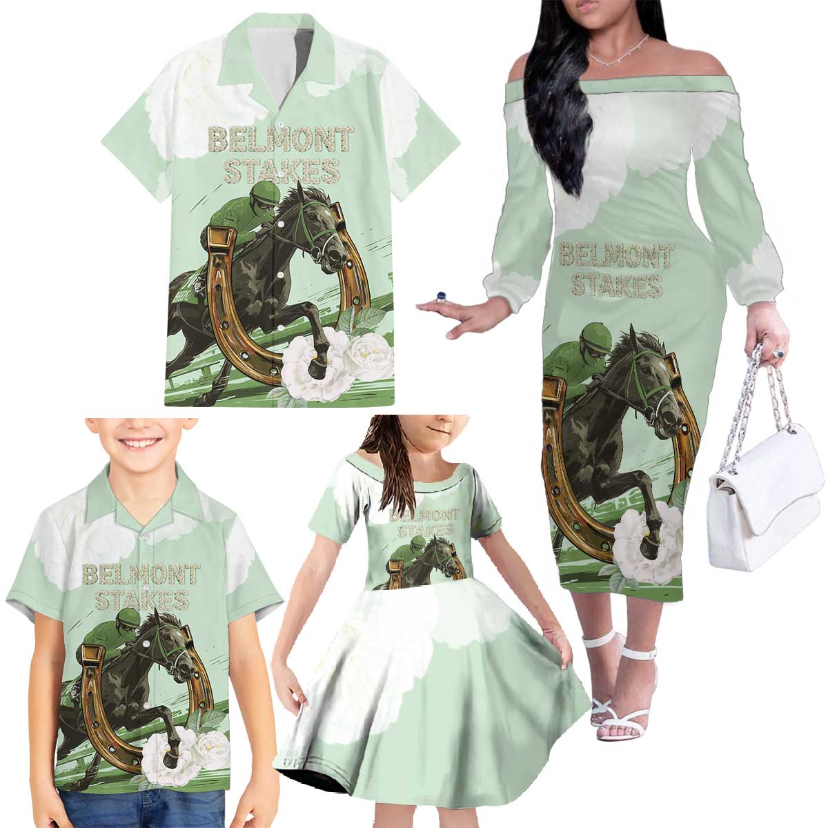 158th Anniversary Belmont Horse Racing Family Matching Off The Shoulder Long Sleeve Dress and Hawaiian Shirt Run for the Carnations