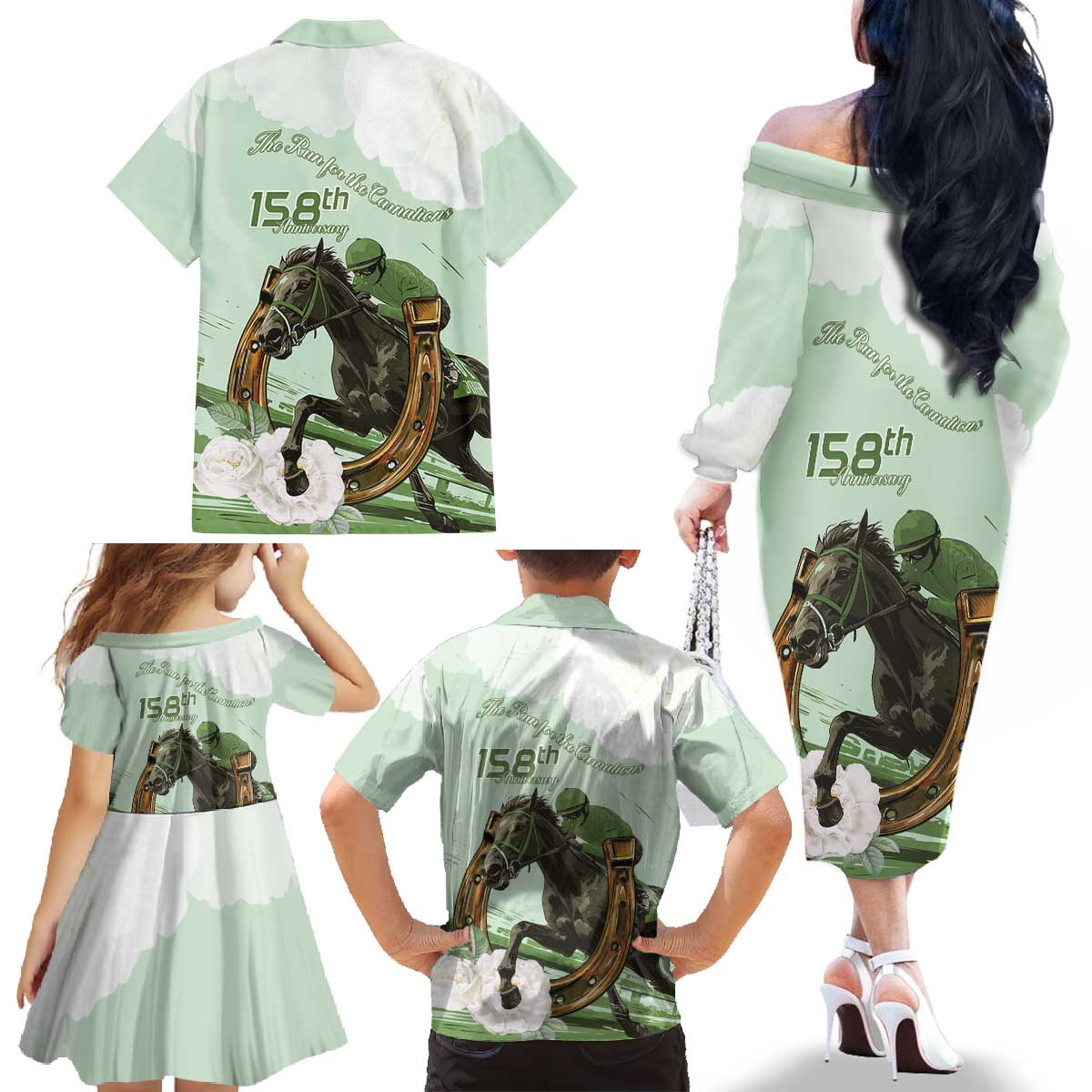 158th Anniversary Belmont Horse Racing Family Matching Off The Shoulder Long Sleeve Dress and Hawaiian Shirt Run for the Carnations
