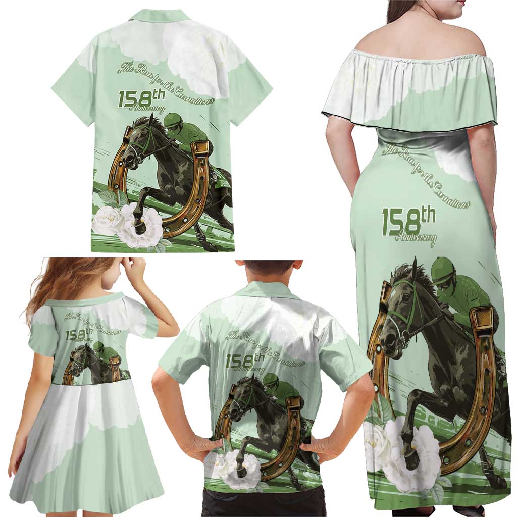 158th Anniversary Belmont Horse Racing Family Matching Off Shoulder Maxi Dress and Hawaiian Shirt Run for the Carnations