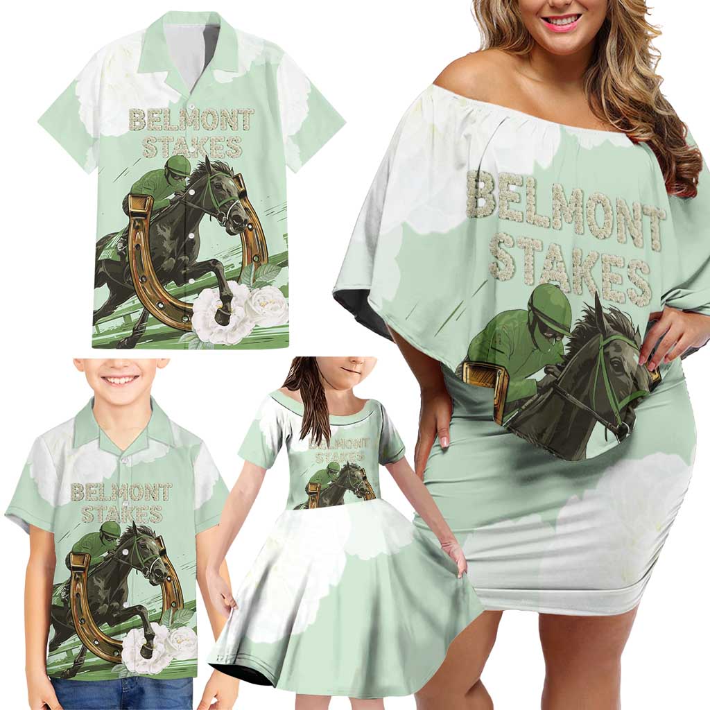 158th Anniversary Belmont Horse Racing Family Matching Off Shoulder Short Dress and Hawaiian Shirt Run for the Carnations