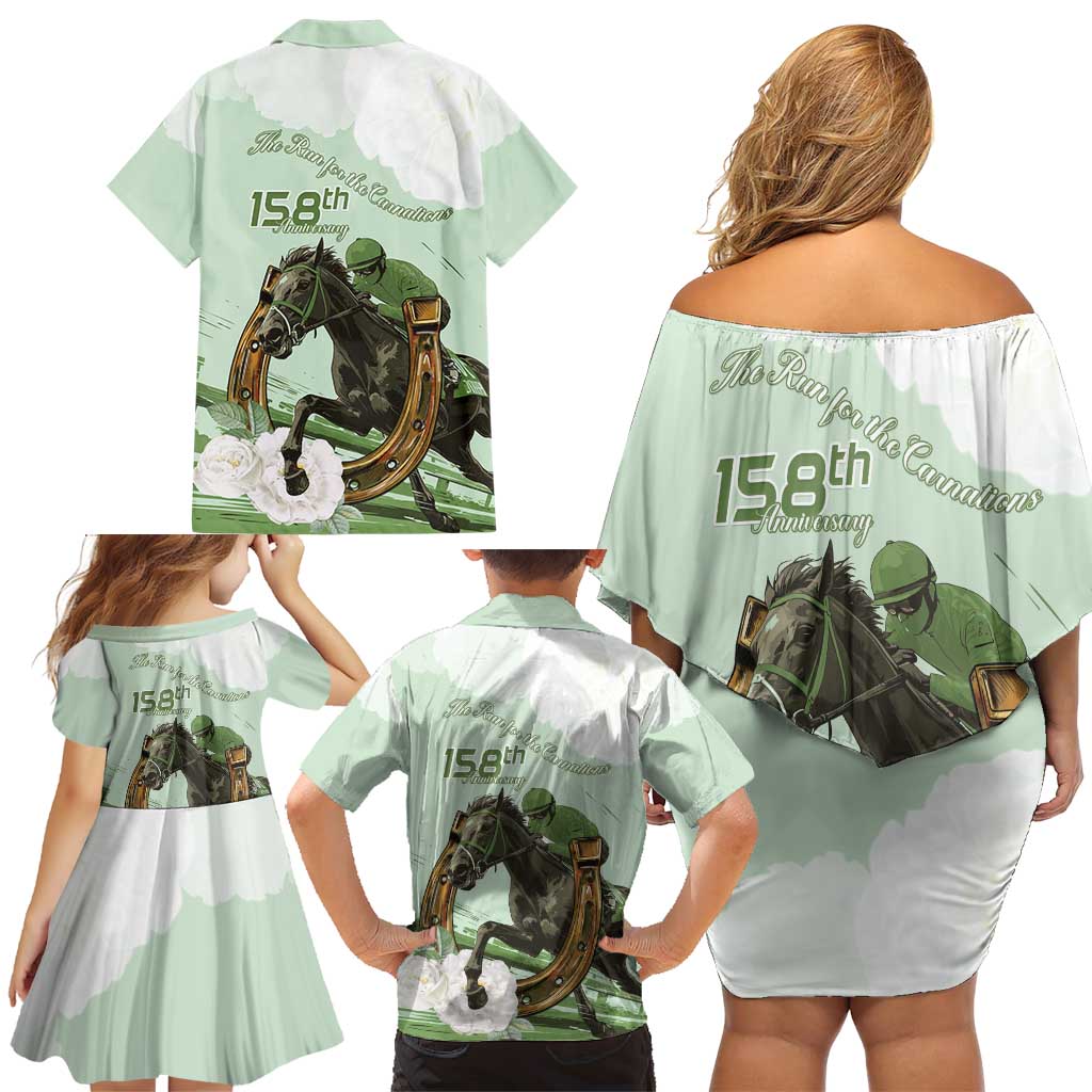 158th Anniversary Belmont Horse Racing Family Matching Off Shoulder Short Dress and Hawaiian Shirt Run for the Carnations