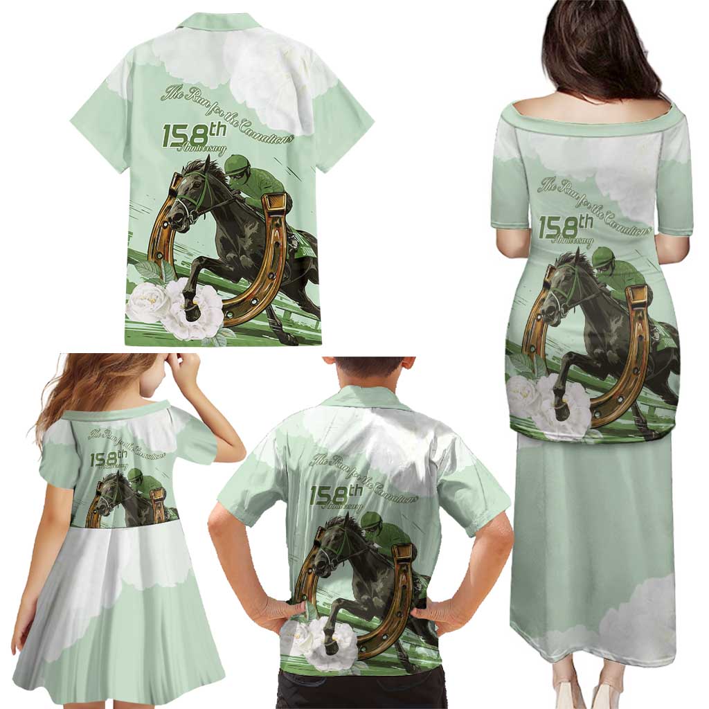 158th Anniversary Belmont Horse Racing Family Matching Puletasi and Hawaiian Shirt Run for the Carnations