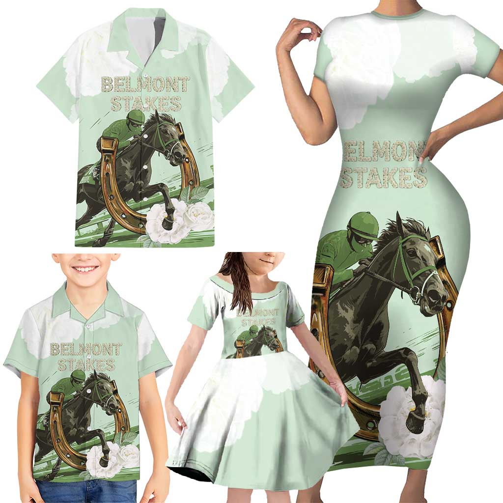 158th Anniversary Belmont Horse Racing Family Matching Short Sleeve Bodycon Dress and Hawaiian Shirt Run for the Carnations