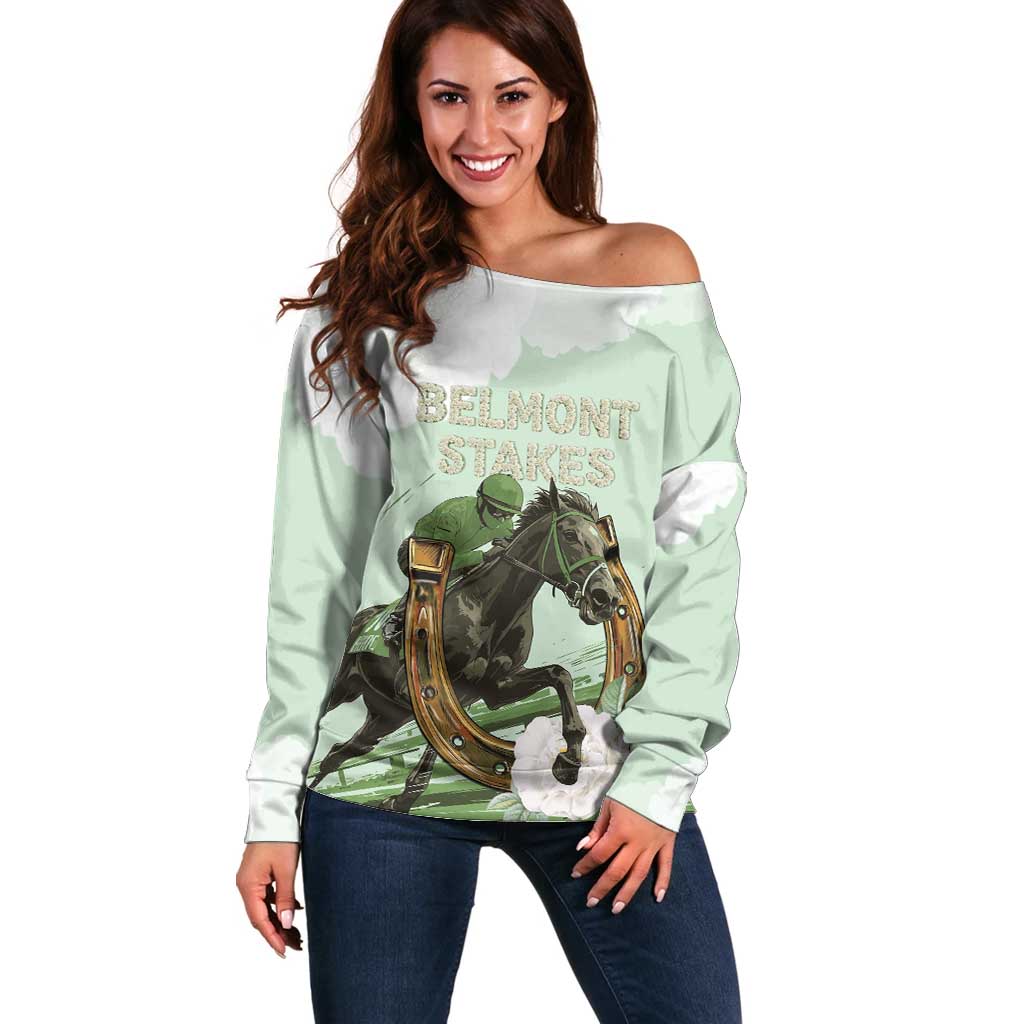 158th Anniversary Belmont Horse Racing Off Shoulder Sweater Run for the Carnations