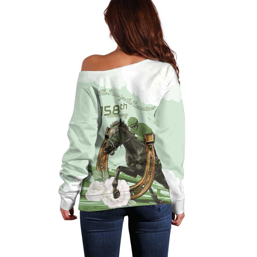 158th Anniversary Belmont Horse Racing Off Shoulder Sweater Run for the Carnations