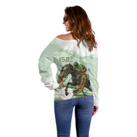 158th Anniversary Belmont Horse Racing Off Shoulder Sweater Run for the Carnations