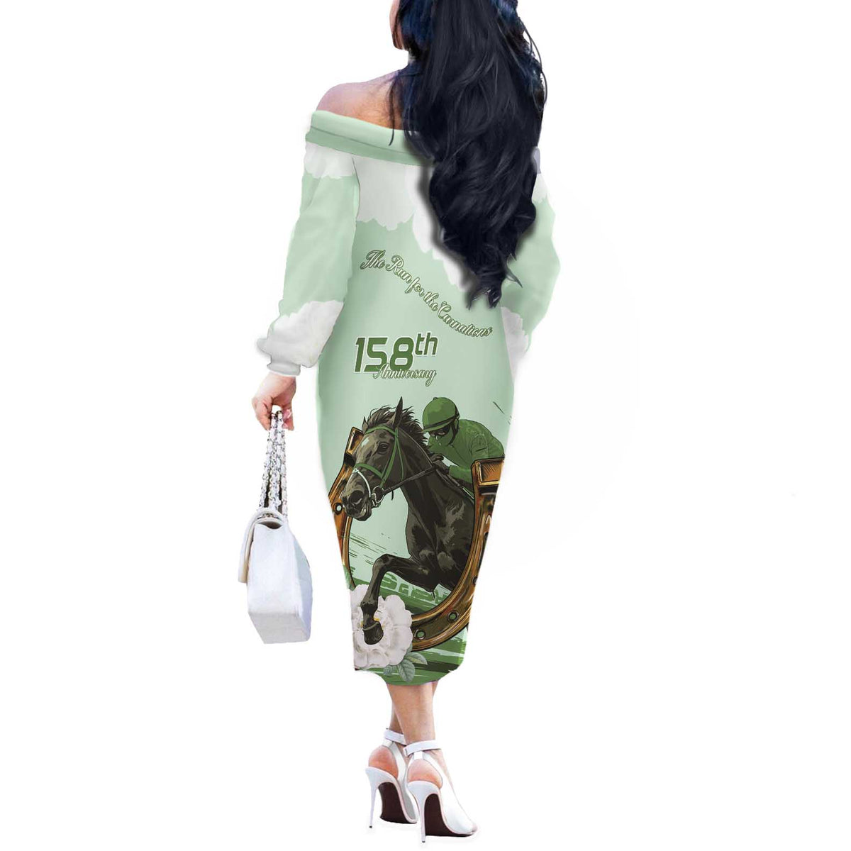 158th Anniversary Belmont Horse Racing Off The Shoulder Long Sleeve Dress Run for the Carnations