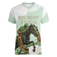 158th Anniversary Belmont Horse Racing Women V-Neck T-Shirt Run for the Carnations