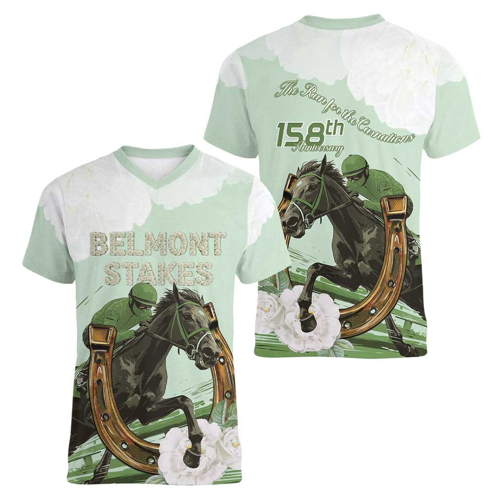 158th Anniversary Belmont Horse Racing Women V-Neck T-Shirt Run for the Carnations