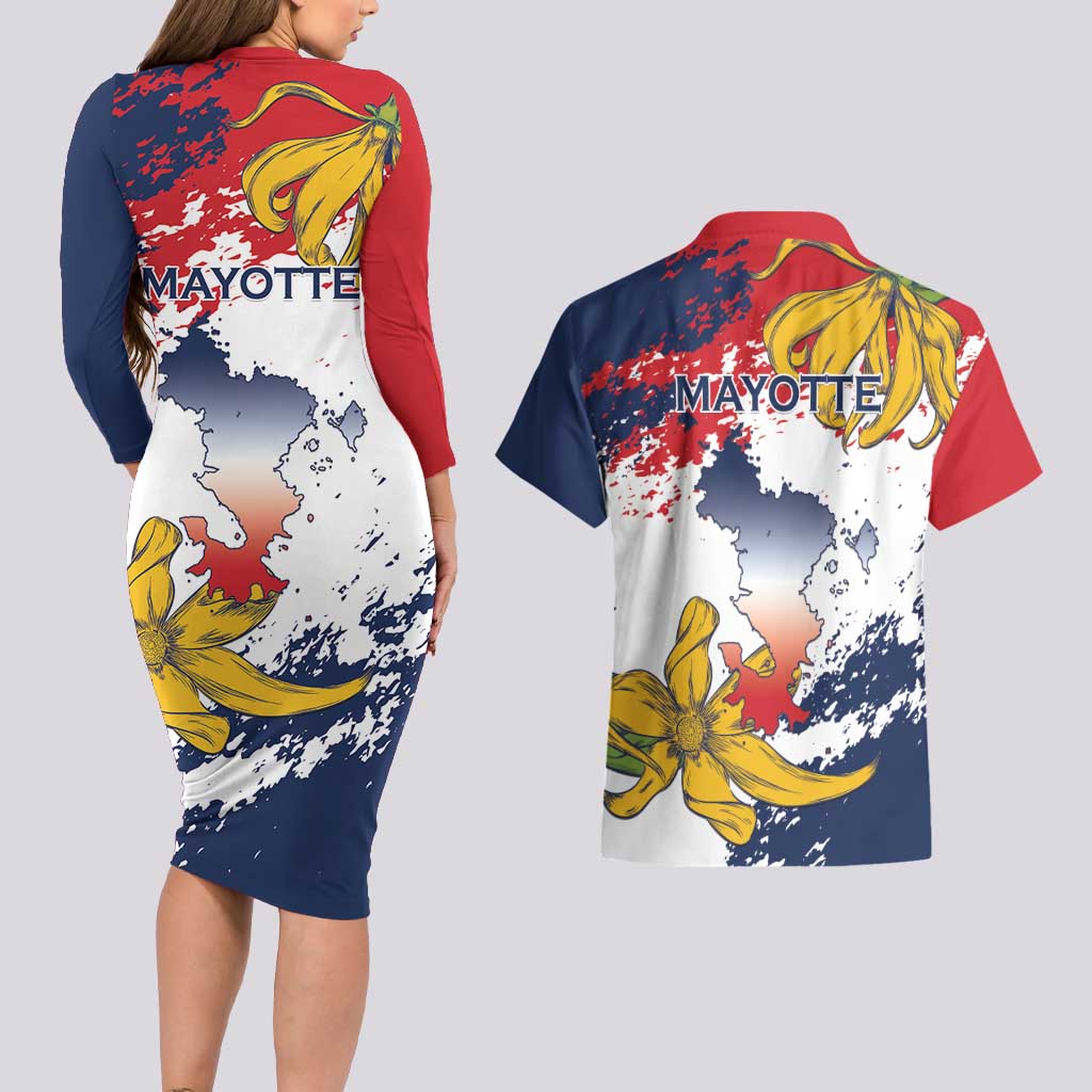 Ra Hachiri 976 Couples Matching Long Sleeve Bodycon Dress and Hawaiian Shirt Mayotte Map With Ylang Ylang