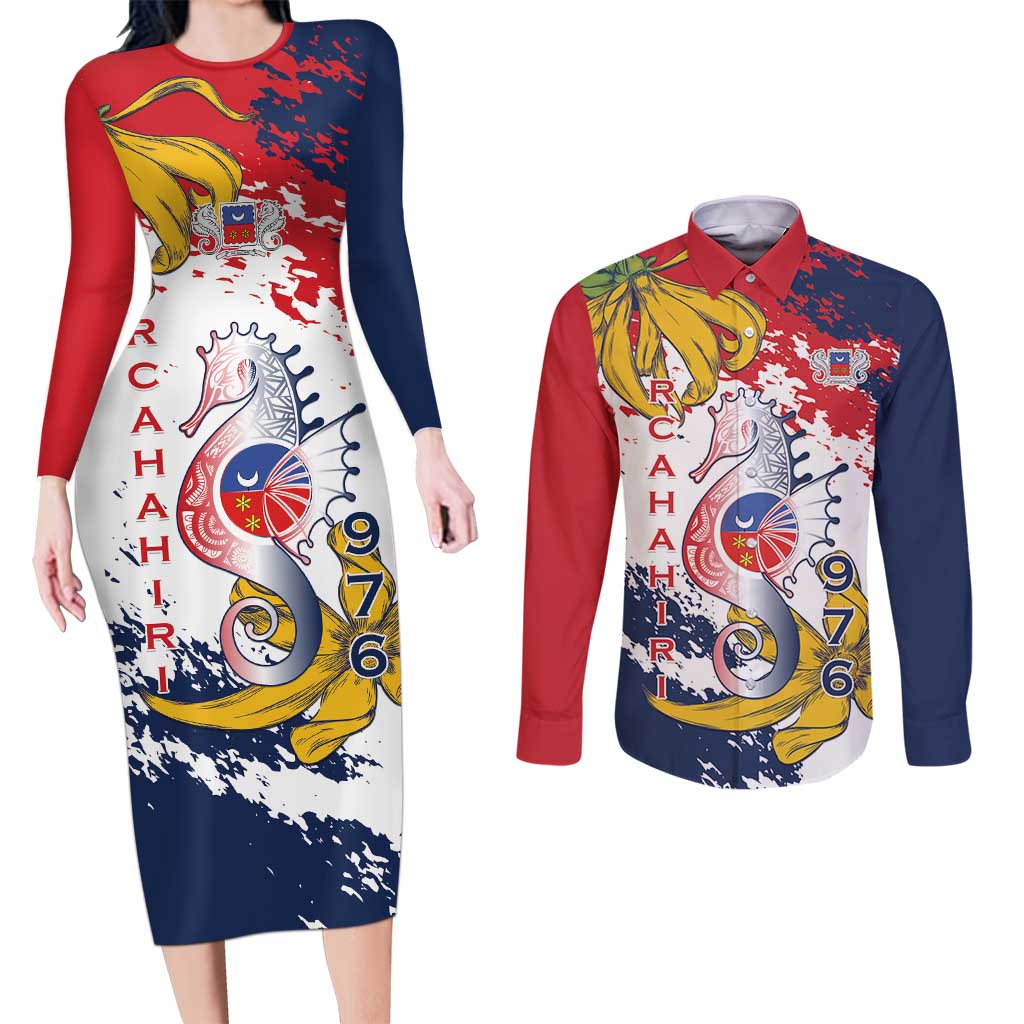 Ra Hachiri 976 Couples Matching Long Sleeve Bodycon Dress and Long Sleeve Button Shirt Mayotte Map With Ylang Ylang