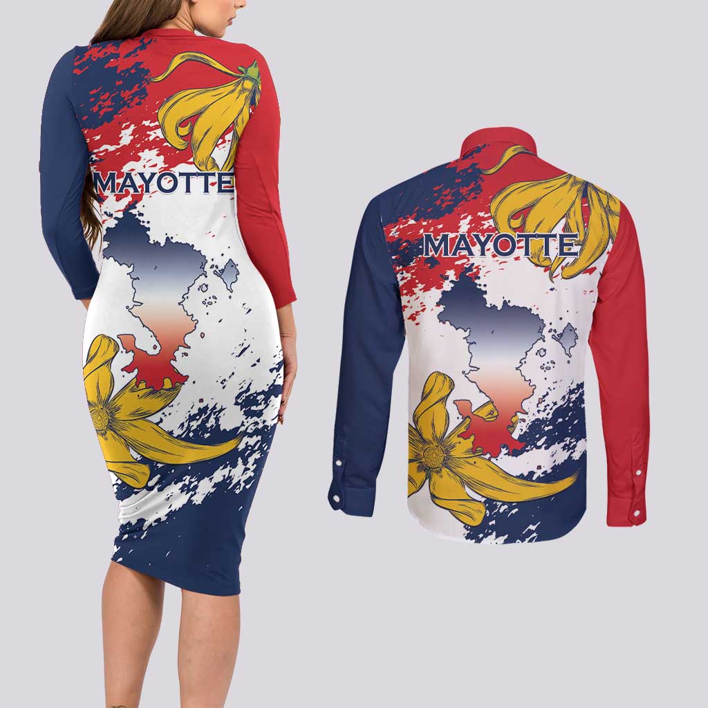 Ra Hachiri 976 Couples Matching Long Sleeve Bodycon Dress and Long Sleeve Button Shirt Mayotte Map With Ylang Ylang
