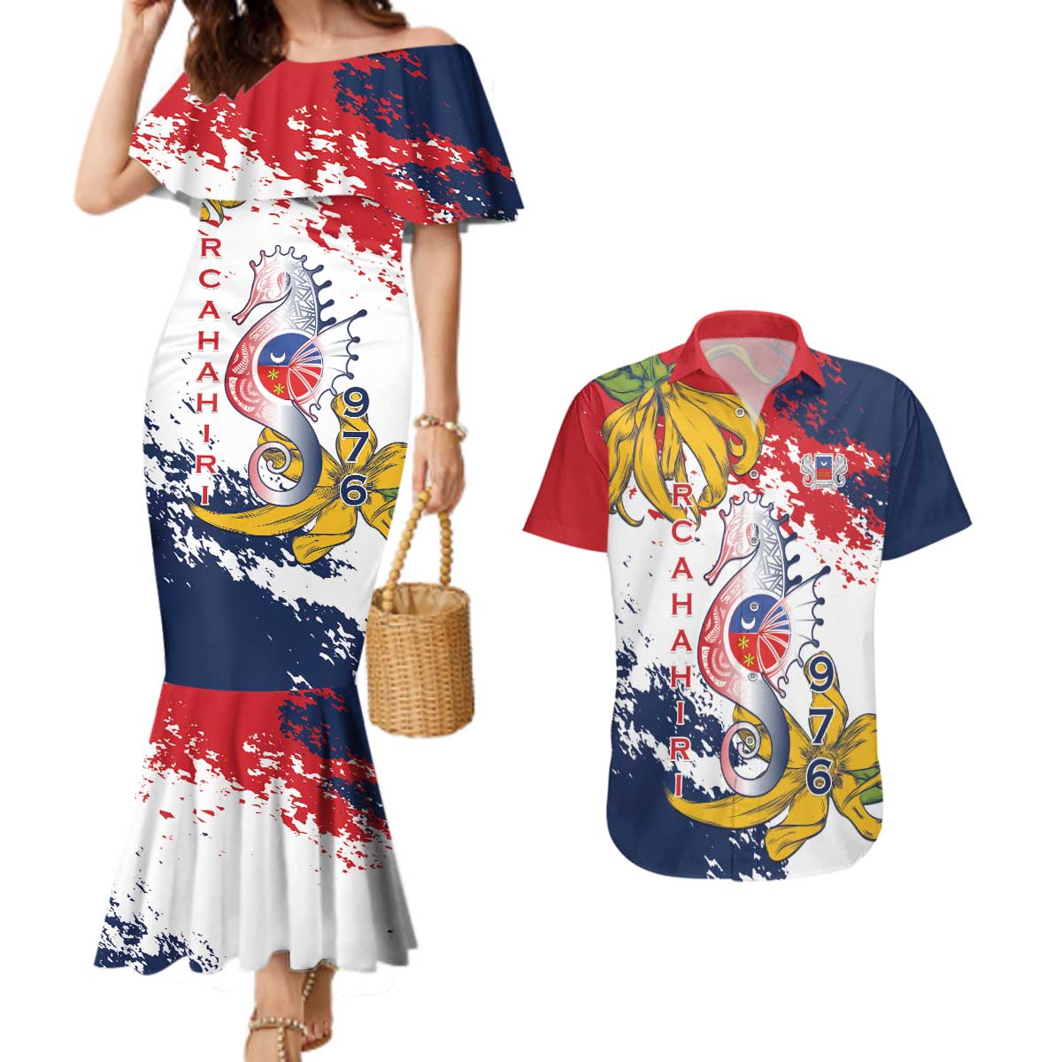 Ra Hachiri 976 Couples Matching Mermaid Dress and Hawaiian Shirt Mayotte Map With Ylang Ylang