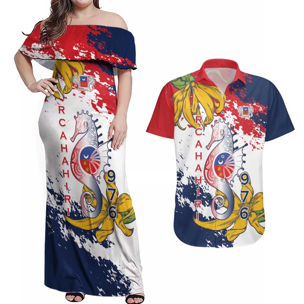 Ra Hachiri 976 Couples Matching Off Shoulder Maxi Dress and Hawaiian Shirt Mayotte Map With Ylang Ylang