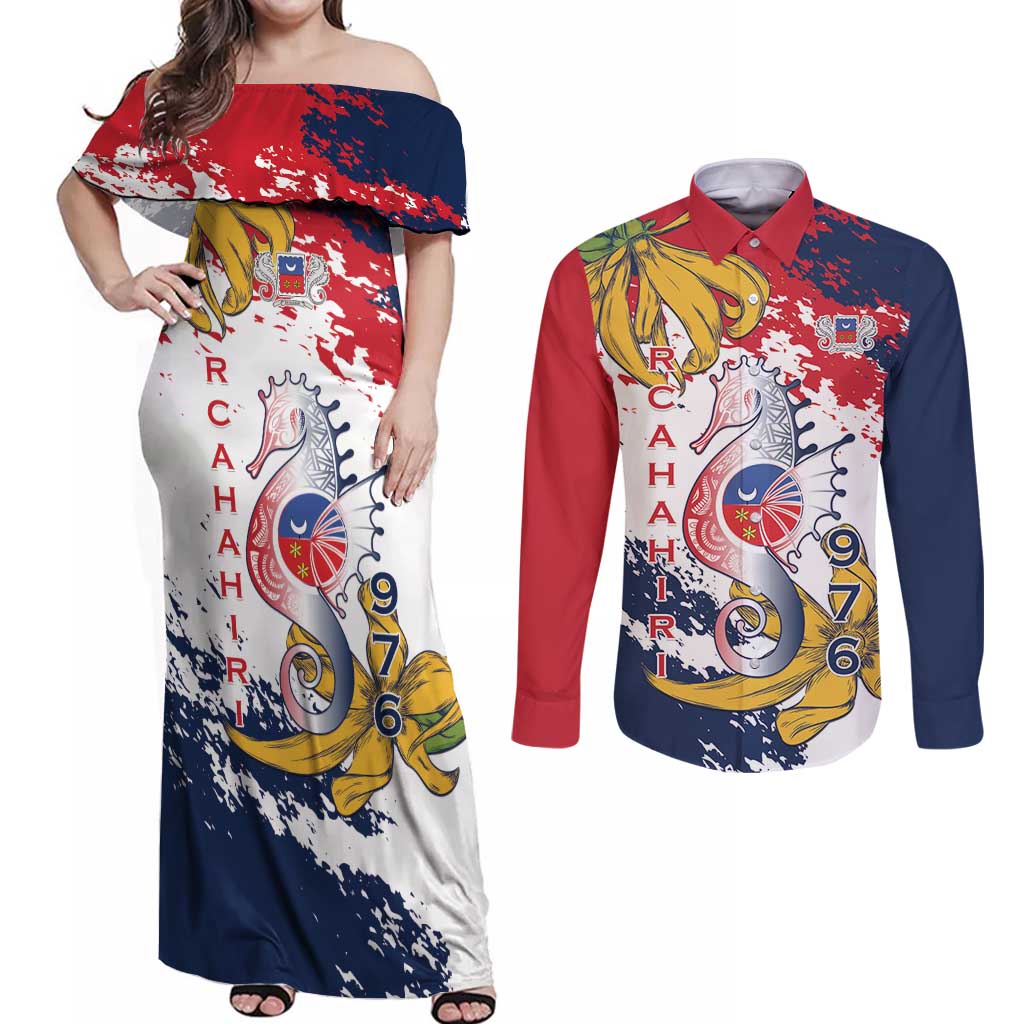 Ra Hachiri 976 Couples Matching Off Shoulder Maxi Dress and Long Sleeve Button Shirt Mayotte Map With Ylang Ylang