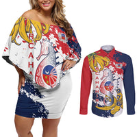 Ra Hachiri 976 Couples Matching Off Shoulder Short Dress and Long Sleeve Button Shirt Mayotte Map With Ylang Ylang