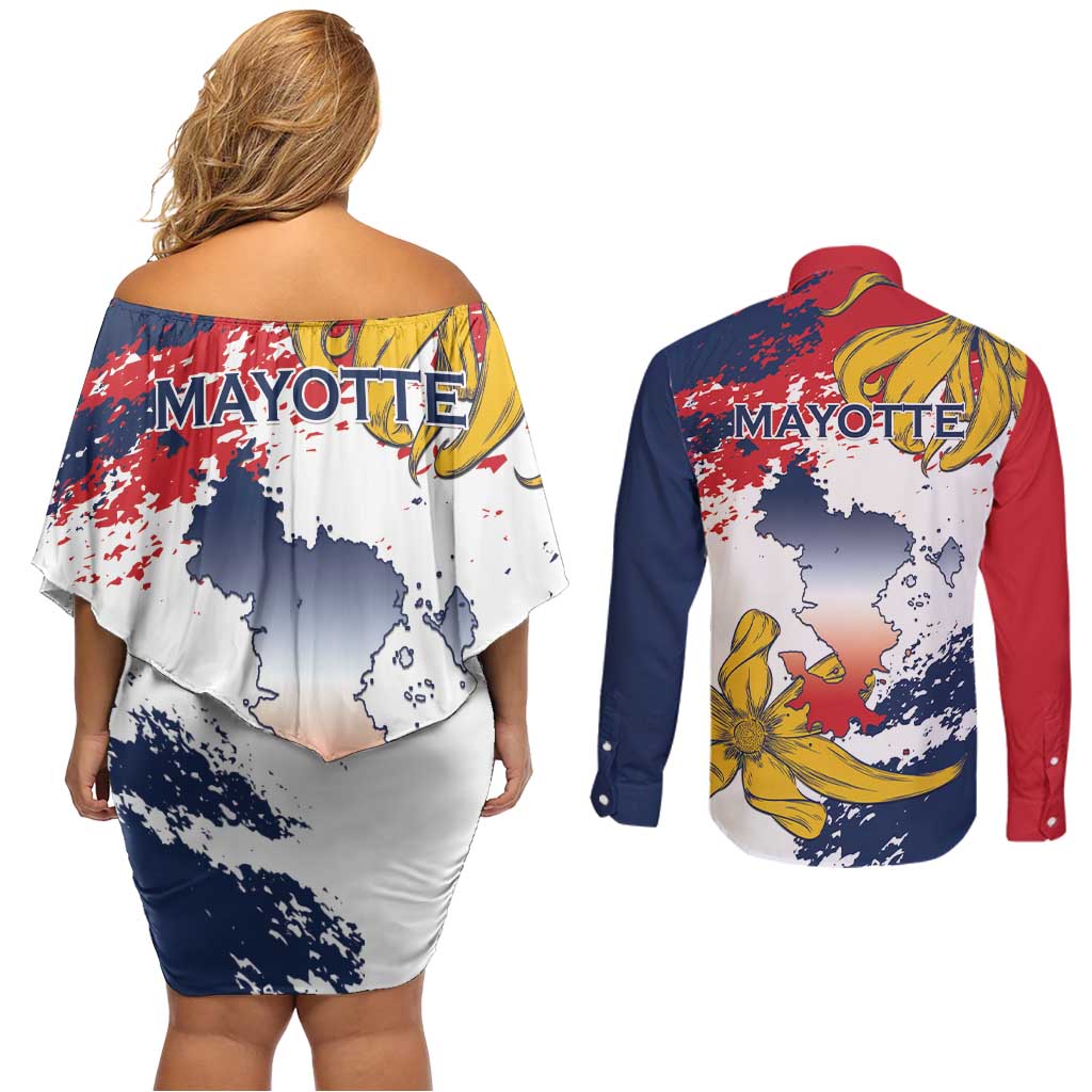 Ra Hachiri 976 Couples Matching Off Shoulder Short Dress and Long Sleeve Button Shirt Mayotte Map With Ylang Ylang