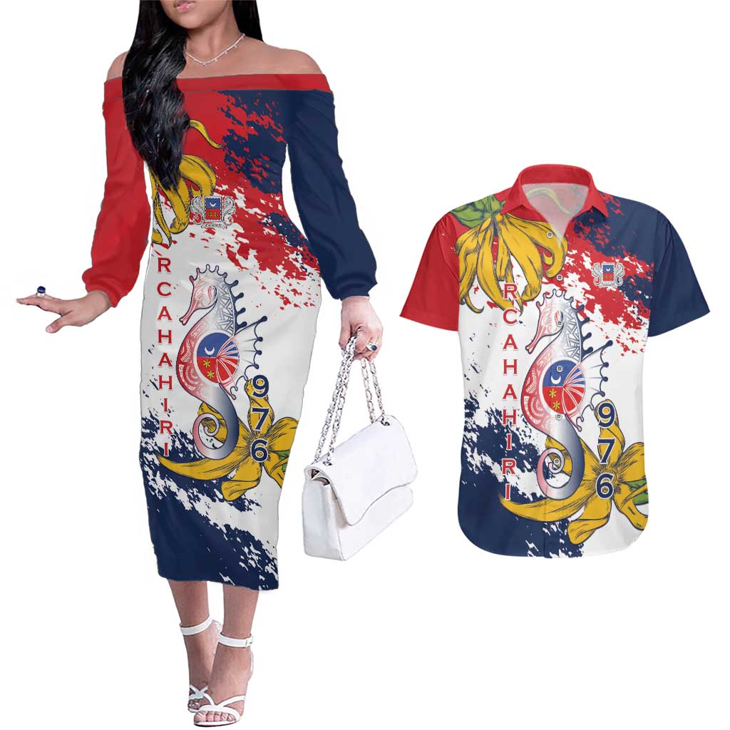 Ra Hachiri 976 Couples Matching Off The Shoulder Long Sleeve Dress and Hawaiian Shirt Mayotte Map With Ylang Ylang