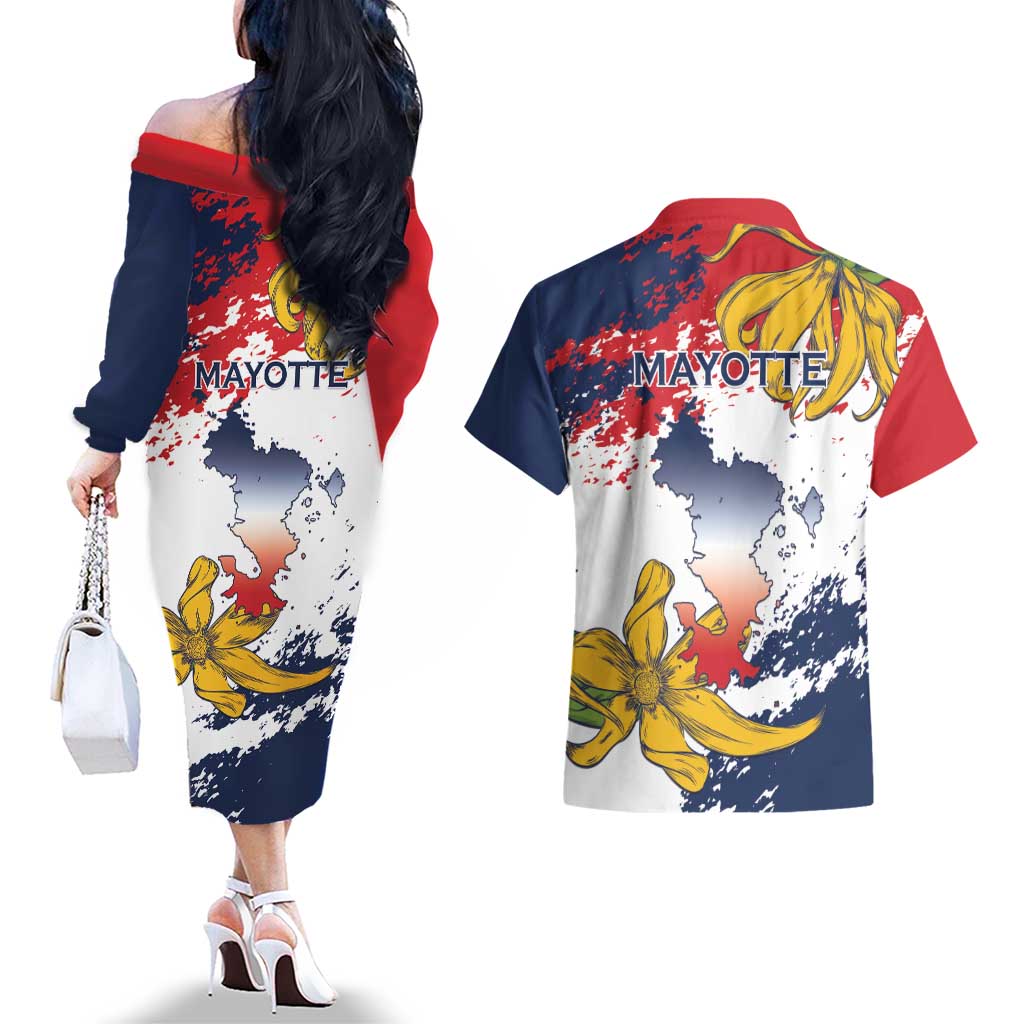 Ra Hachiri 976 Couples Matching Off The Shoulder Long Sleeve Dress and Hawaiian Shirt Mayotte Map With Ylang Ylang