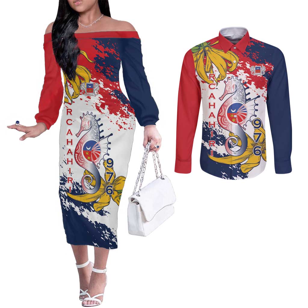 Ra Hachiri 976 Couples Matching Off The Shoulder Long Sleeve Dress and Long Sleeve Button Shirt Mayotte Map With Ylang Ylang
