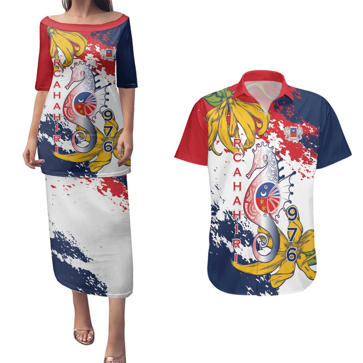 Ra Hachiri 976 Couples Matching Puletasi and Hawaiian Shirt Mayotte Map With Ylang Ylang