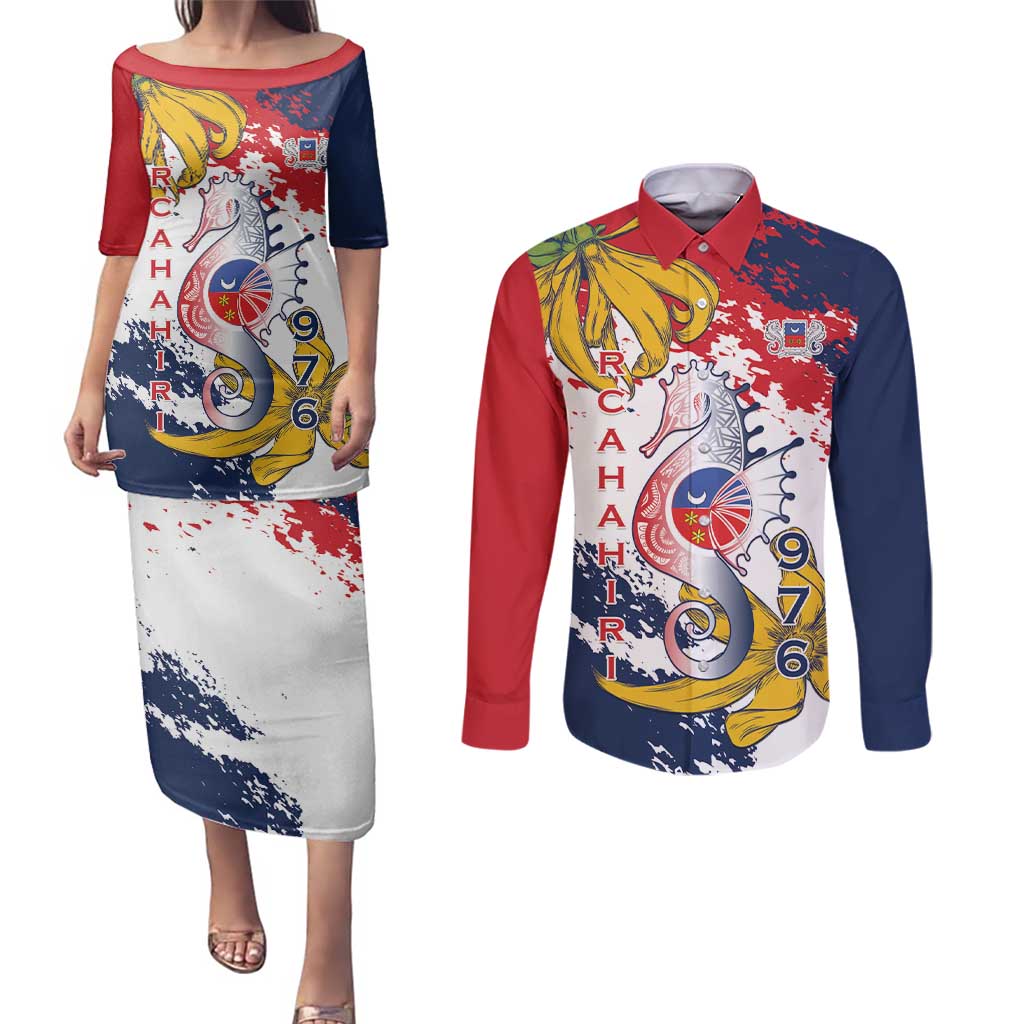 Ra Hachiri 976 Couples Matching Puletasi and Long Sleeve Button Shirt Mayotte Map With Ylang Ylang