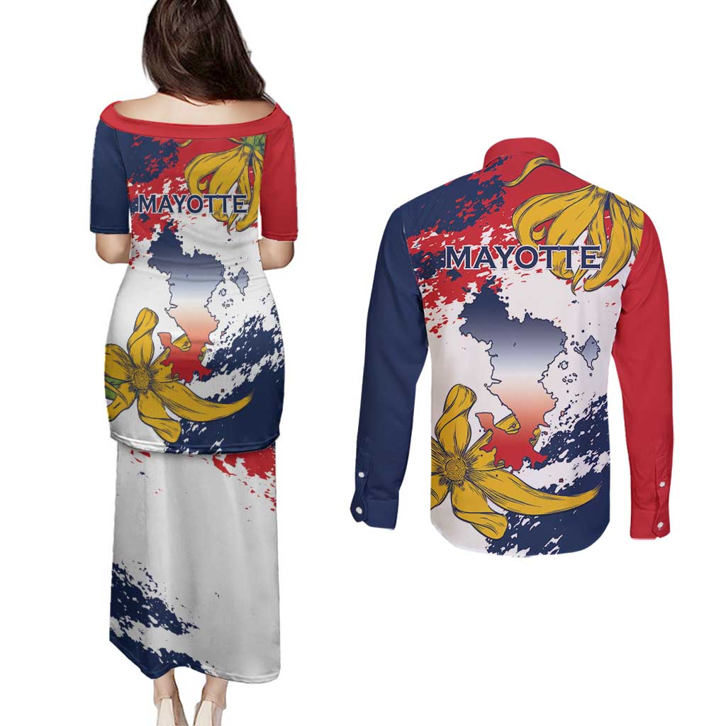 Ra Hachiri 976 Couples Matching Puletasi and Long Sleeve Button Shirt Mayotte Map With Ylang Ylang
