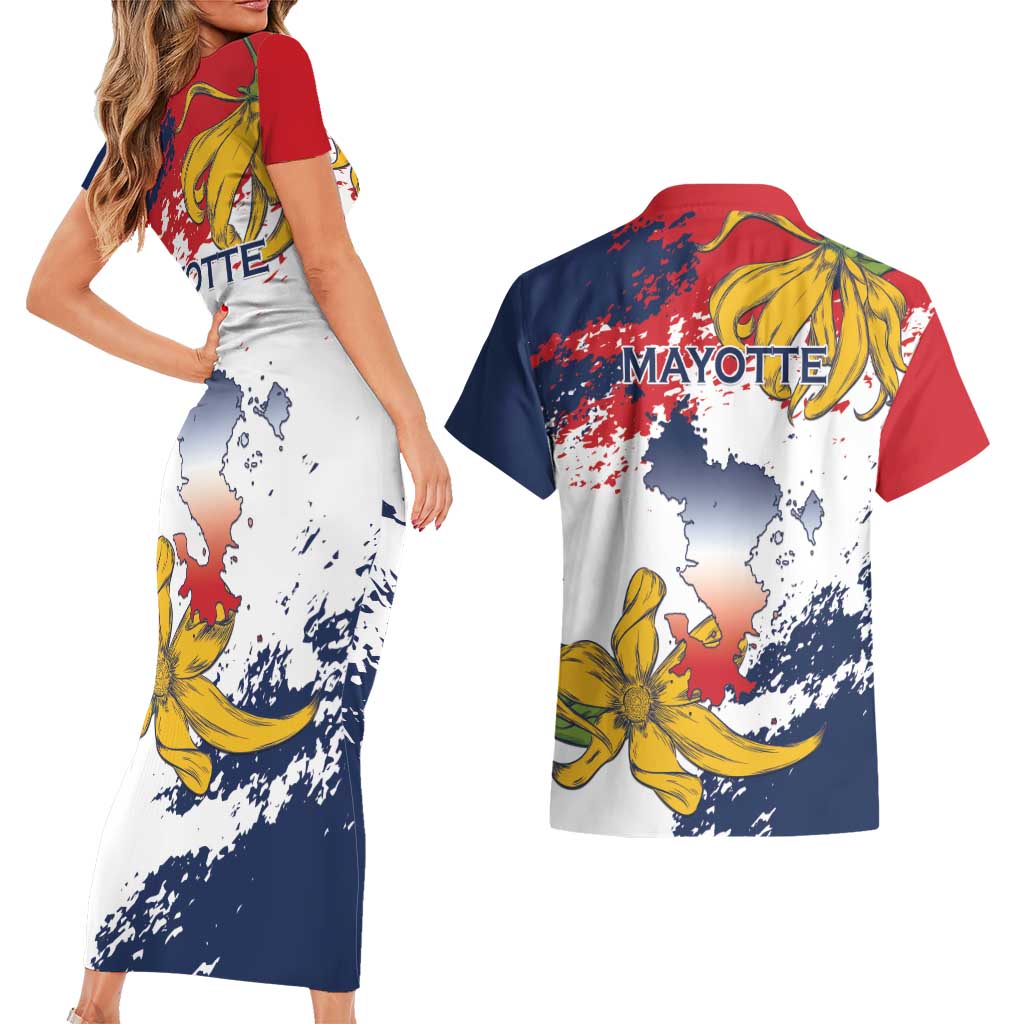 Ra Hachiri 976 Couples Matching Short Sleeve Bodycon Dress and Hawaiian Shirt Mayotte Map With Ylang Ylang