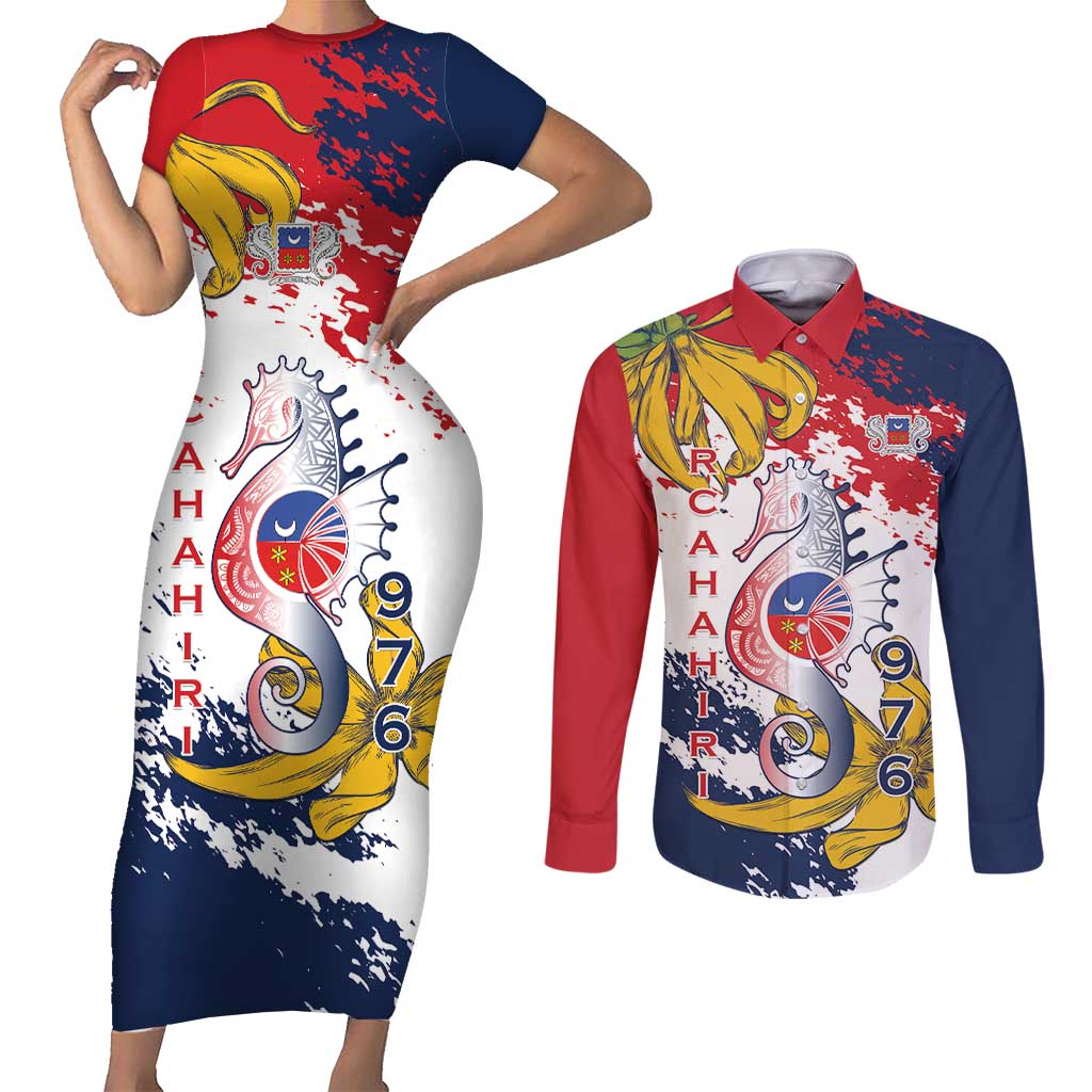 Ra Hachiri 976 Couples Matching Short Sleeve Bodycon Dress and Long Sleeve Button Shirt Mayotte Map With Ylang Ylang