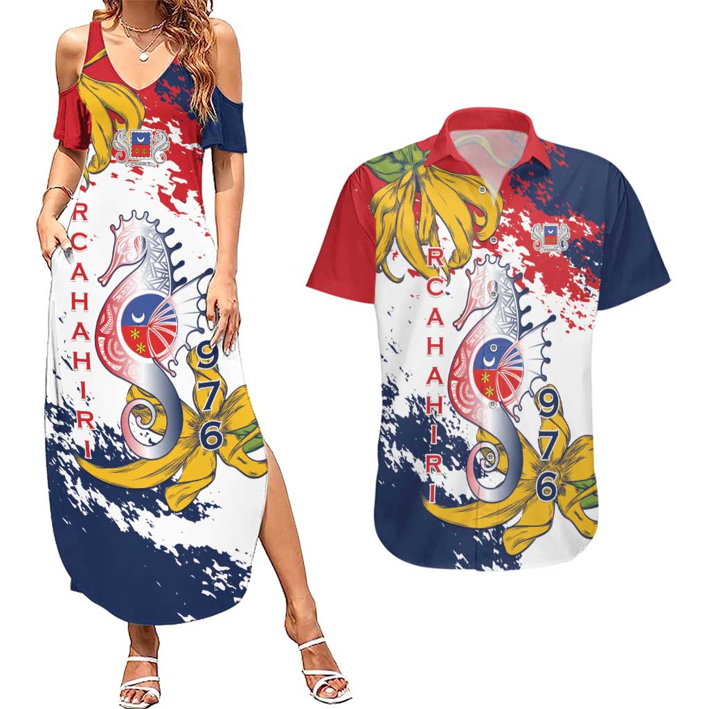 Ra Hachiri 976 Couples Matching Summer Maxi Dress and Hawaiian Shirt Mayotte Map With Ylang Ylang