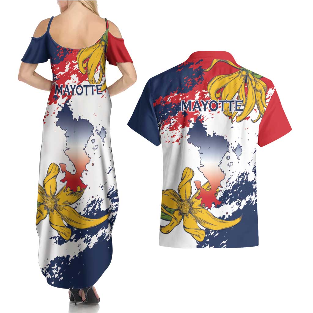 Ra Hachiri 976 Couples Matching Summer Maxi Dress and Hawaiian Shirt Mayotte Map With Ylang Ylang