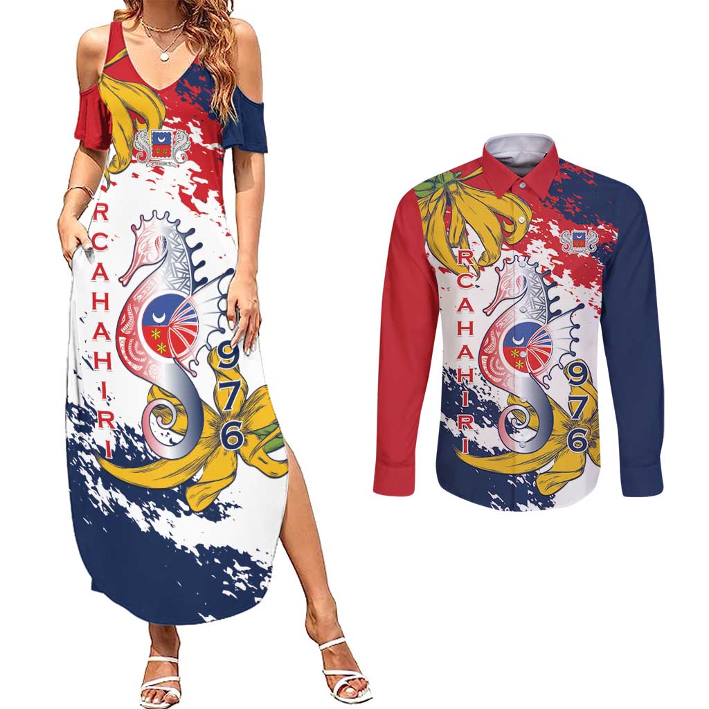 Ra Hachiri 976 Couples Matching Summer Maxi Dress and Long Sleeve Button Shirt Mayotte Map With Ylang Ylang