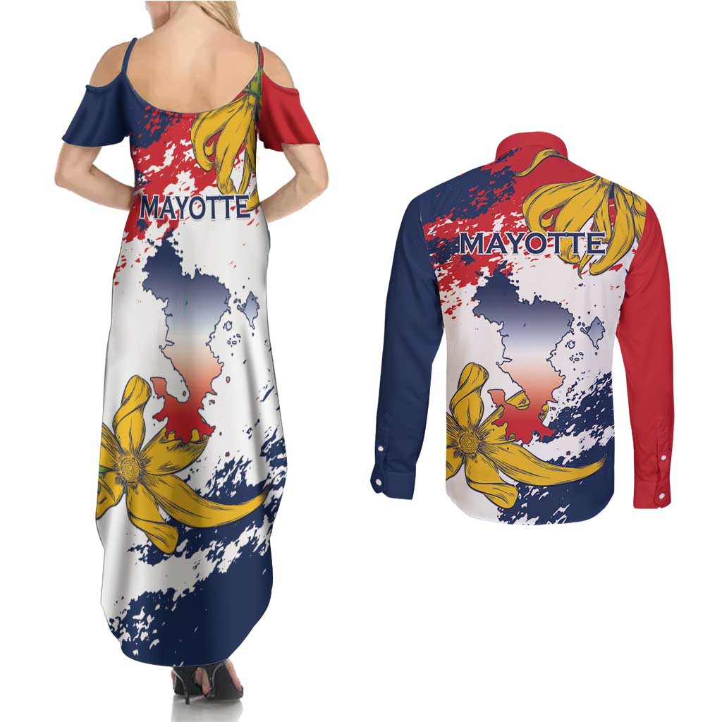 Ra Hachiri 976 Couples Matching Summer Maxi Dress and Long Sleeve Button Shirt Mayotte Map With Ylang Ylang