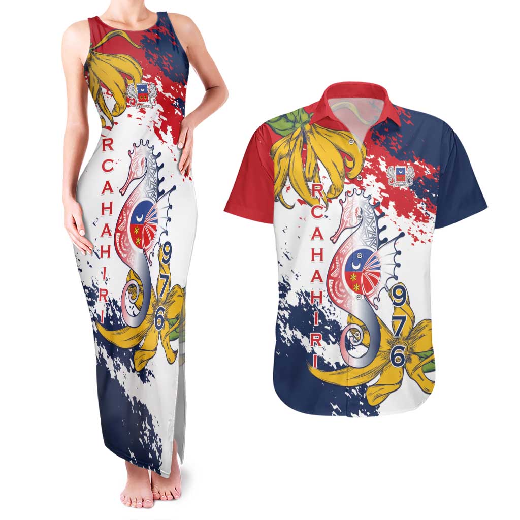 Ra Hachiri 976 Couples Matching Tank Maxi Dress and Hawaiian Shirt Mayotte Map With Ylang Ylang
