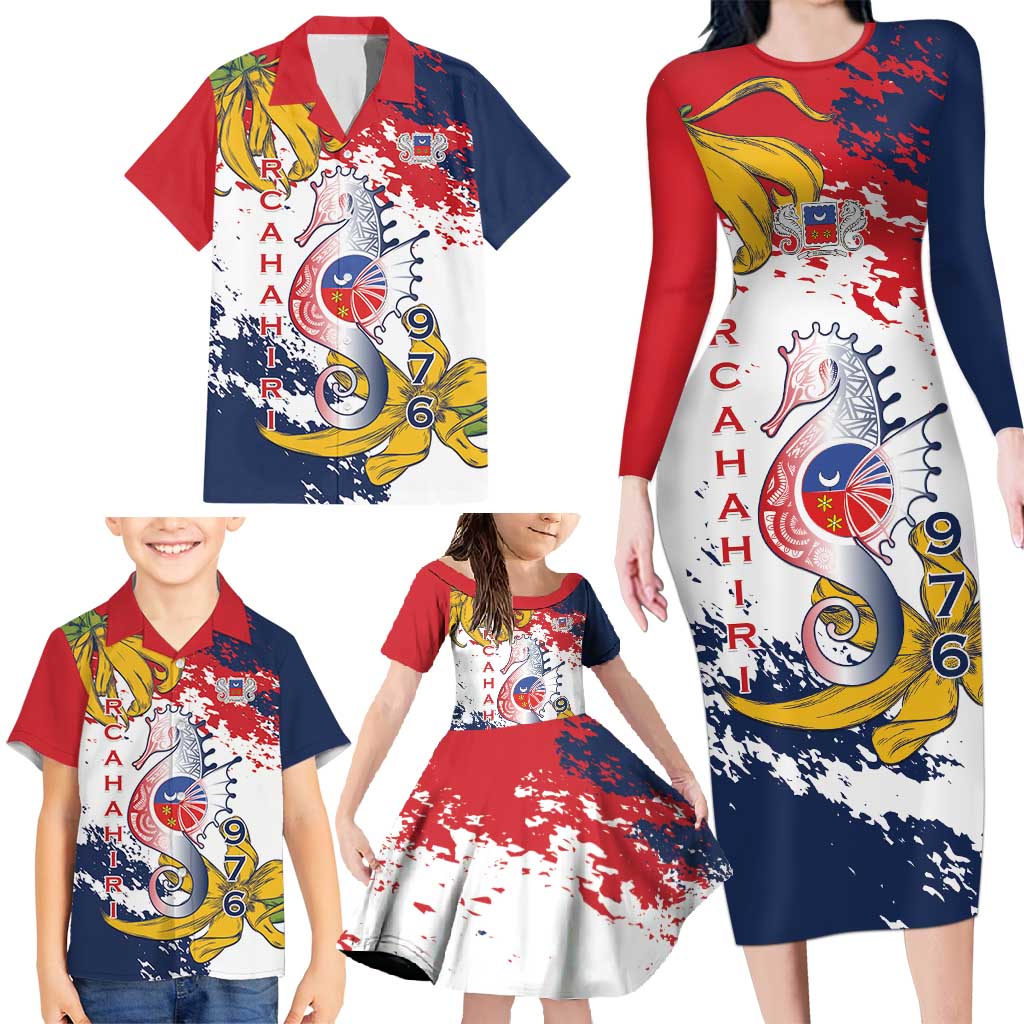 Ra Hachiri 976 Family Matching Long Sleeve Bodycon Dress and Hawaiian Shirt Mayotte Map With Ylang Ylang