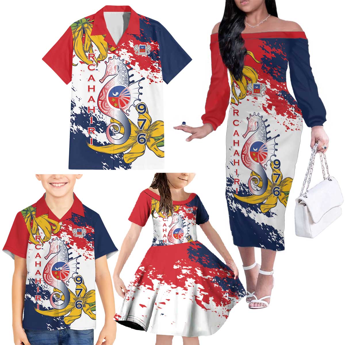 Ra Hachiri 976 Family Matching Off The Shoulder Long Sleeve Dress and Hawaiian Shirt Mayotte Map With Ylang Ylang