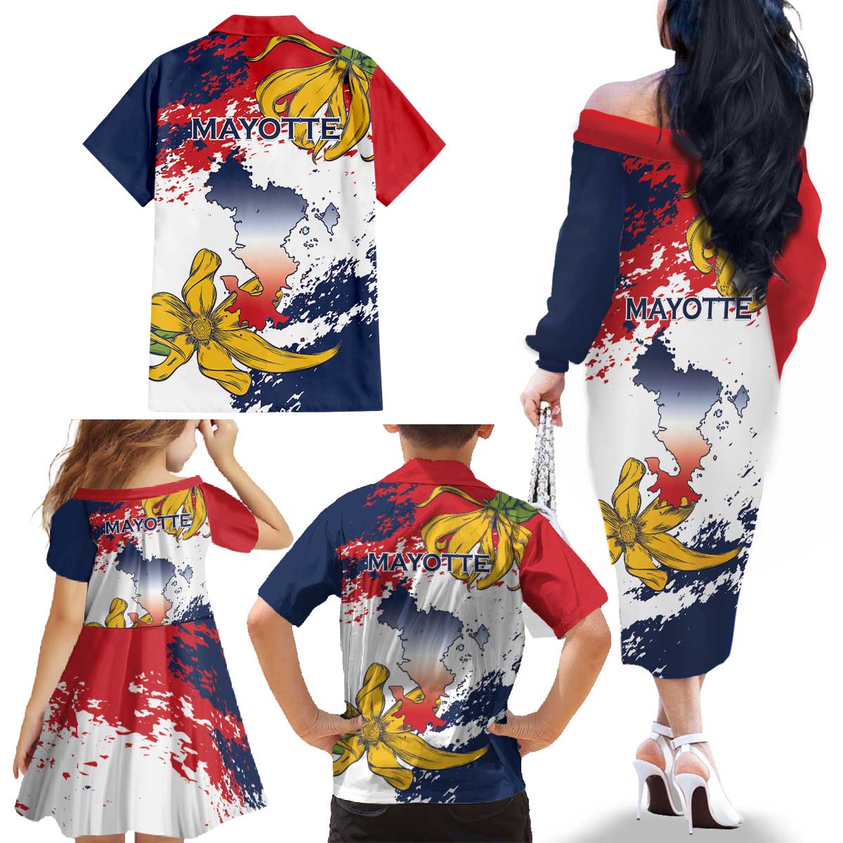 Ra Hachiri 976 Family Matching Off The Shoulder Long Sleeve Dress and Hawaiian Shirt Mayotte Map With Ylang Ylang