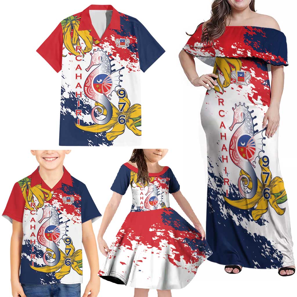 Ra Hachiri 976 Family Matching Off Shoulder Maxi Dress and Hawaiian Shirt Mayotte Map With Ylang Ylang