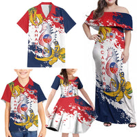 Ra Hachiri 976 Family Matching Off Shoulder Maxi Dress and Hawaiian Shirt Mayotte Map With Ylang Ylang