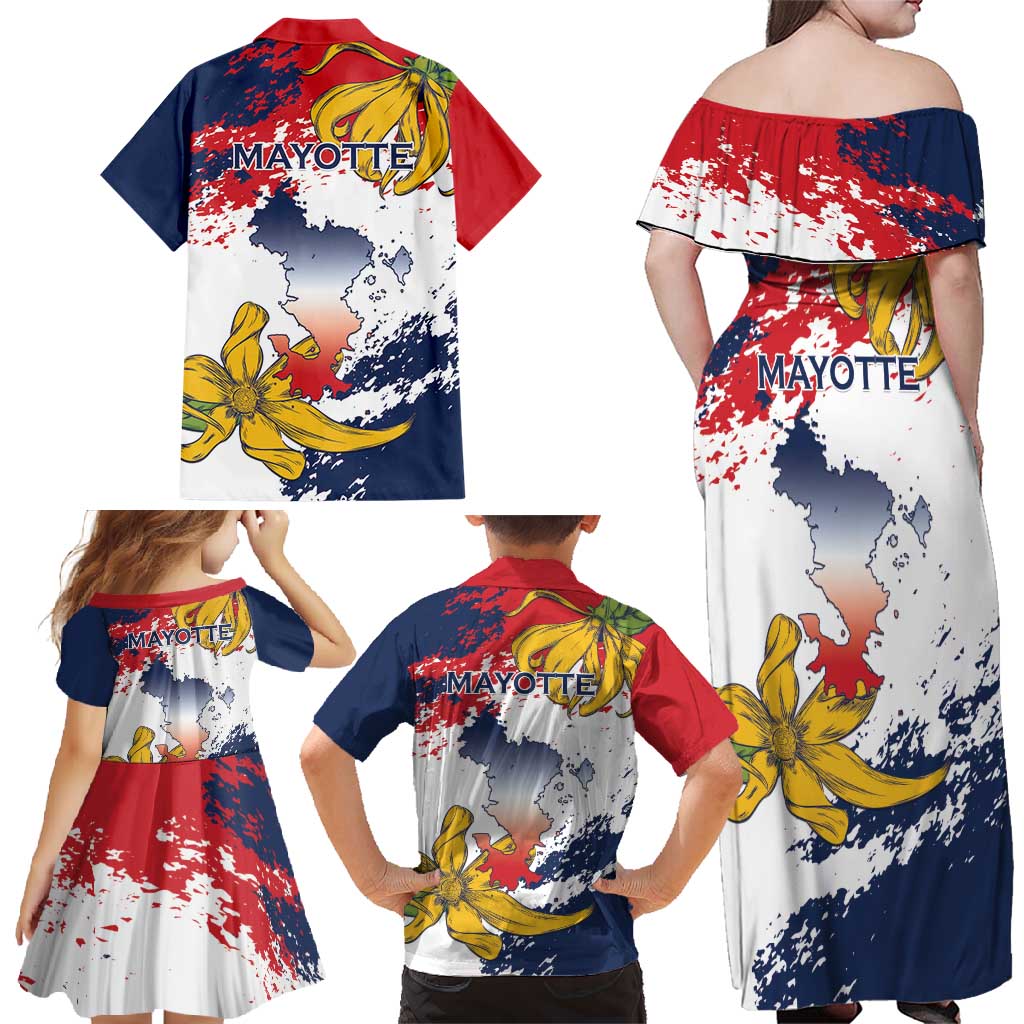 Ra Hachiri 976 Family Matching Off Shoulder Maxi Dress and Hawaiian Shirt Mayotte Map With Ylang Ylang