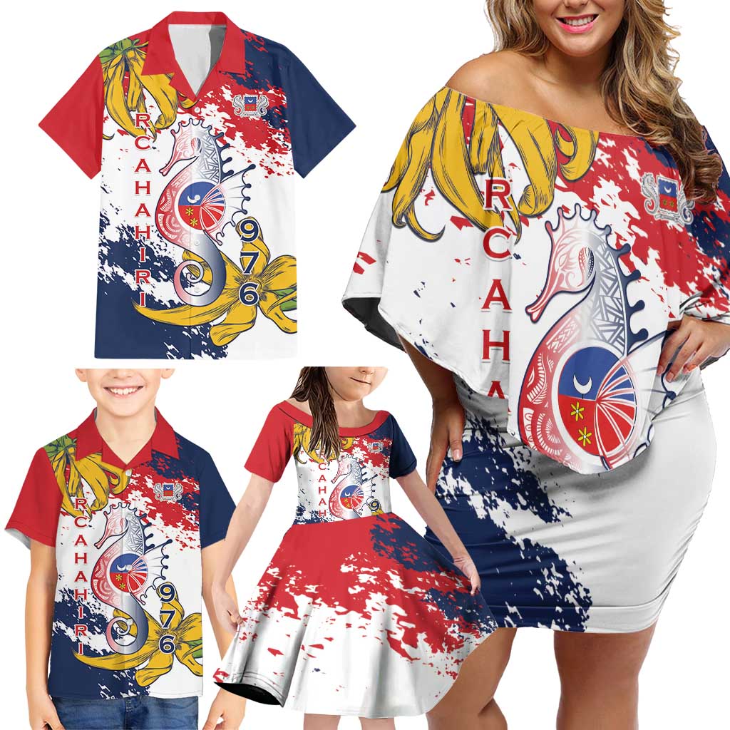 Ra Hachiri 976 Family Matching Off Shoulder Short Dress and Hawaiian Shirt Mayotte Map With Ylang Ylang