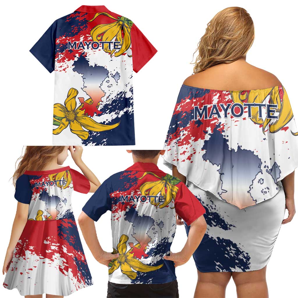 Ra Hachiri 976 Family Matching Off Shoulder Short Dress and Hawaiian Shirt Mayotte Map With Ylang Ylang