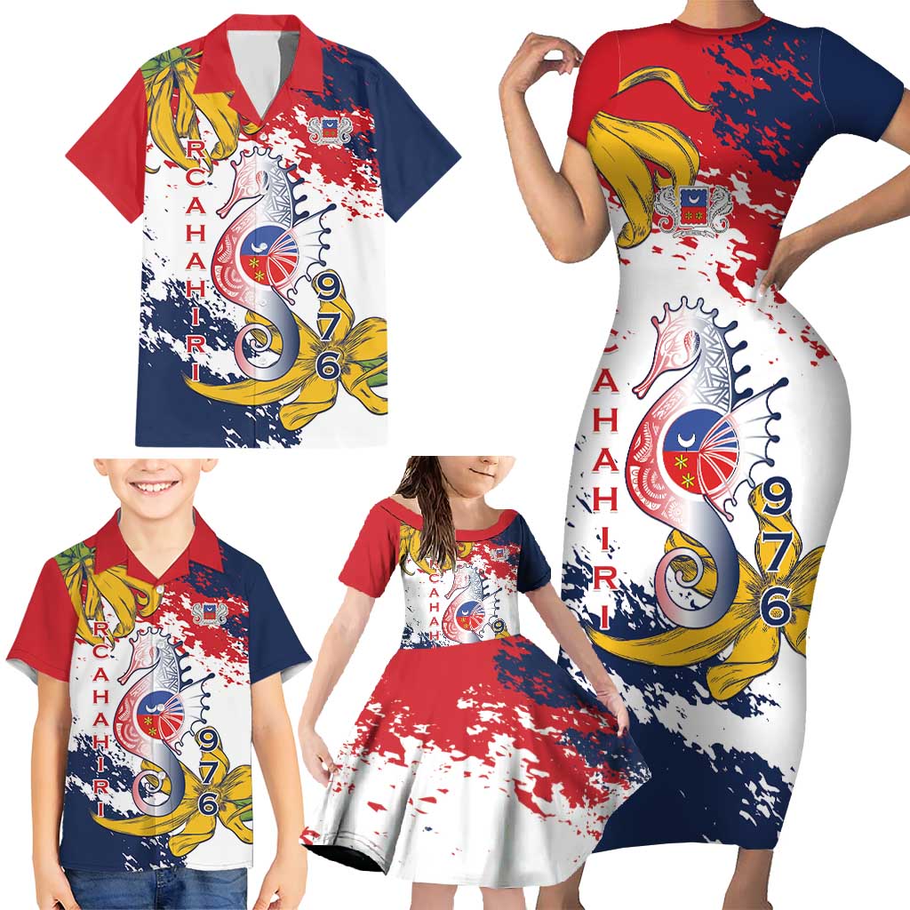 Ra Hachiri 976 Family Matching Short Sleeve Bodycon Dress and Hawaiian Shirt Mayotte Map With Ylang Ylang