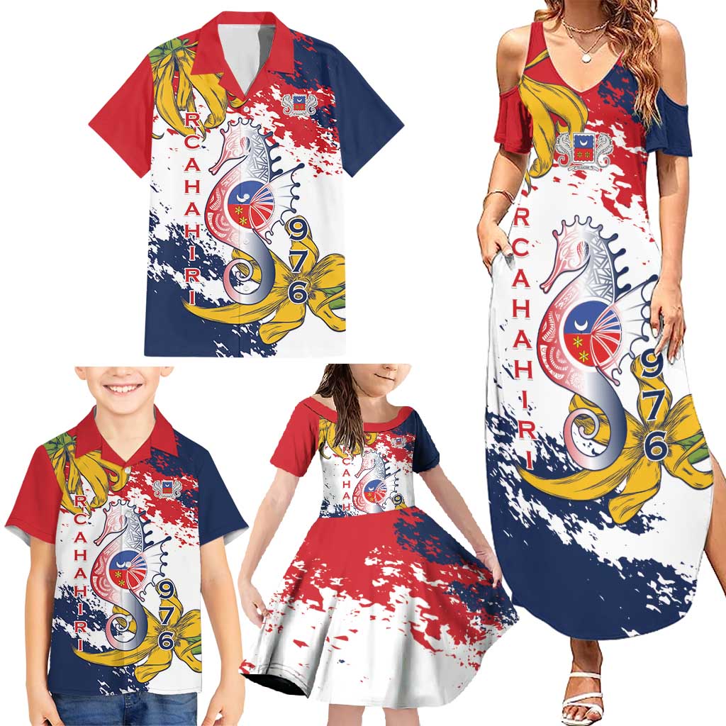Ra Hachiri 976 Family Matching Summer Maxi Dress and Hawaiian Shirt Mayotte Map With Ylang Ylang