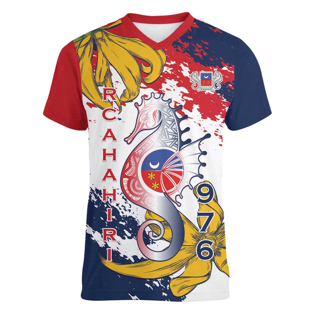 Ra Hachiri 976 Women V-Neck T-Shirt Mayotte Map With Ylang Ylang