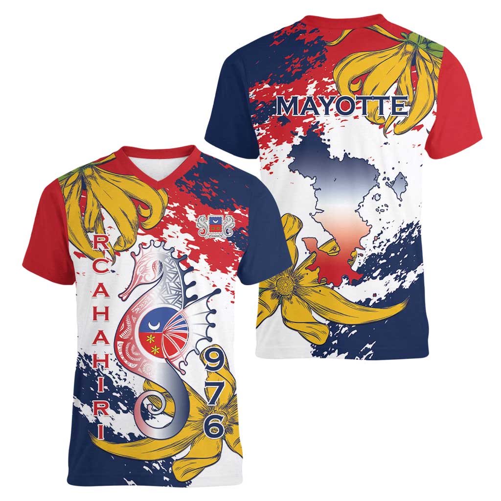 Ra Hachiri 976 Women V-Neck T-Shirt Mayotte Map With Ylang Ylang