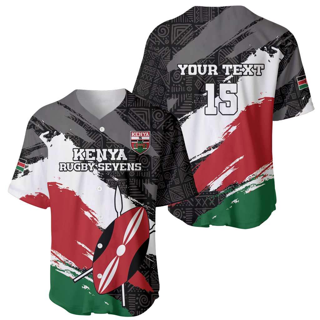 Custom Kenya Rugby Sevens Baseball Jersey African Pattern - Grunge Style - Wonder Print Shop